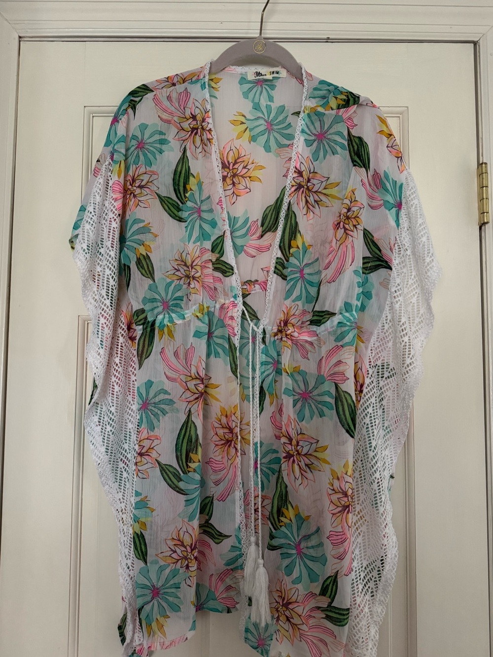 Miken Swim pastel floral and crochet swim coverup - M